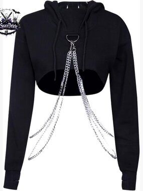 Goth Punk Chain Strap Hooded Crop Top Sweatshirt Loose Fit Polyester Blend